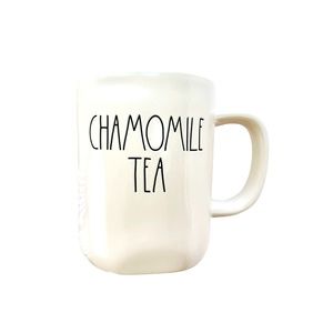 Rae Dunn: White coffee mug with black lettering, yellow inside.